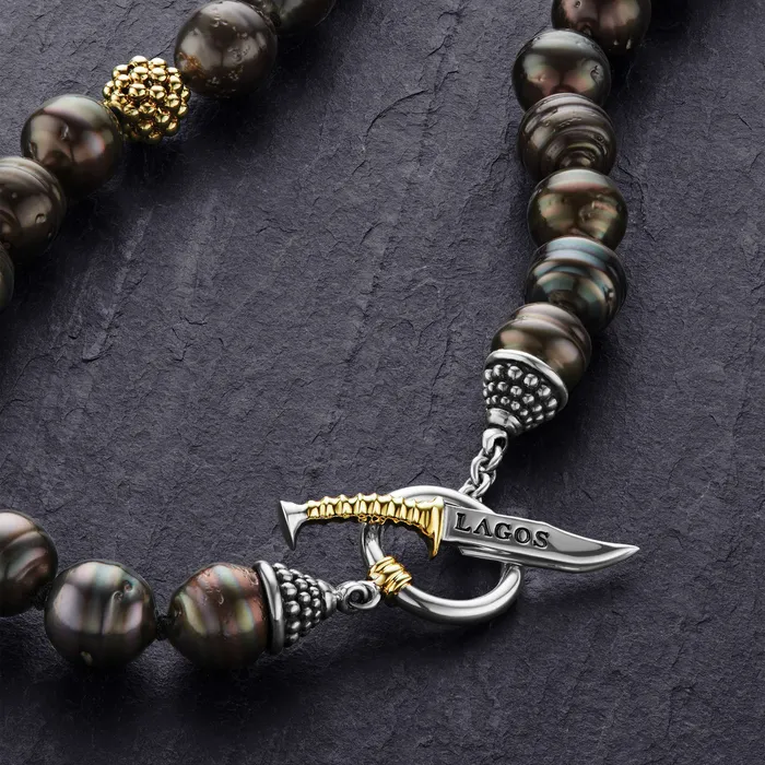Anthem Tahitian Black Pearl Gold Station Bead Necklace LAGOS Necklaces
