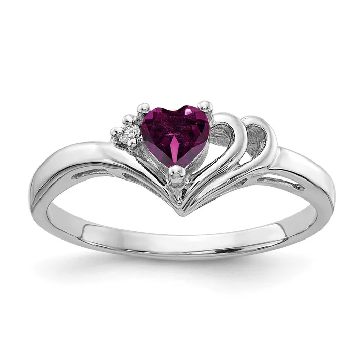 14k White Gold 4mm Heart Rhodolite Garnet VS Diamond ring Goldia Rings