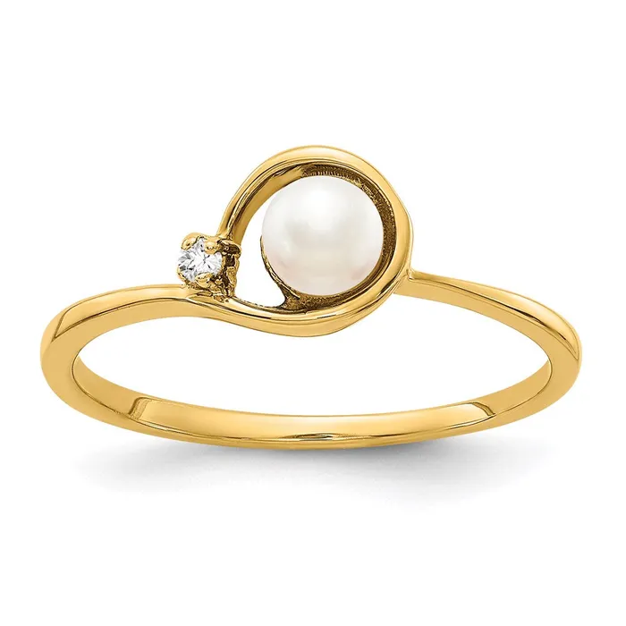 14K Yellow Gold 4mm FW Cultured Pearl A Real Diamond ring Goldia Rings