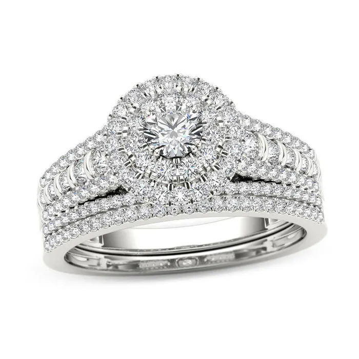 Goldiacom 1 CT TW Diamond Double Frame MultiRow Bridal Engagement Ring Set in 14K White Gold Rings Goldiacom 1 CT TW Diamond Double Frame MultiRow Bridal Engagement Ring Set in 14K White Gold Rings