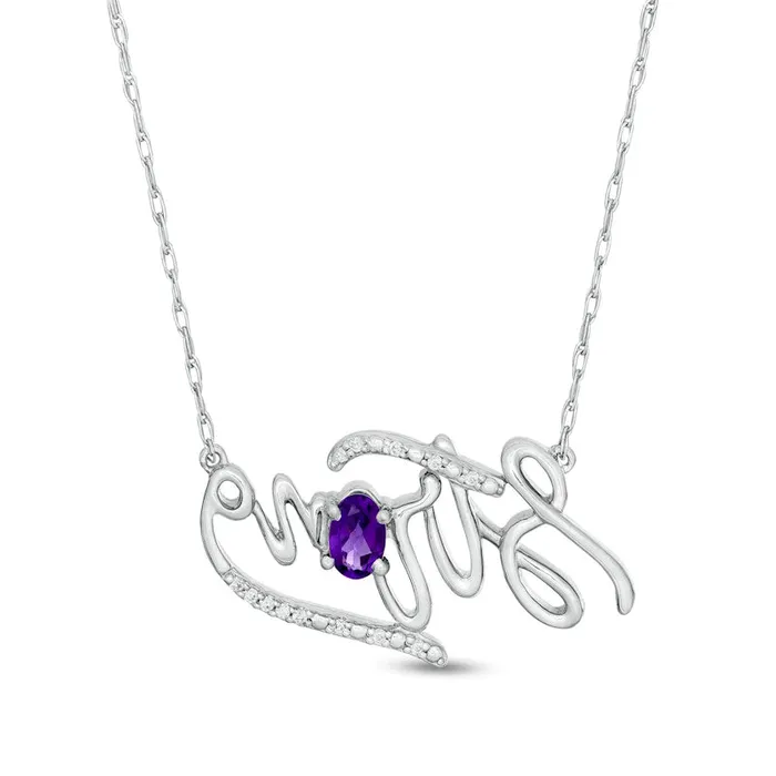 Goldia Necklaces Oval Amethyst and Natural Diamond Accent Strong Script Necklace in Sterling Silver Goldia Necklaces Oval Amethyst and Natural Diamond Accent Strong Script Necklace in Sterling Silver