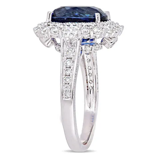 JMS always Rings Original Amour 6 14 CT TGW Blue Sapphire and 1 25 CT TW Diamond Vintage Halo Ring in 14k White Gold