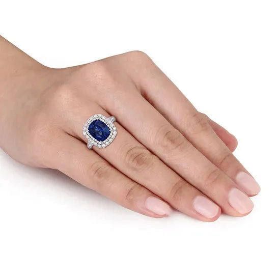 JMS always Rings Original Amour 6 14 CT TGW Blue Sapphire and 1 25 CT TW Diamond Vintage Halo Ring in 14k White Gold