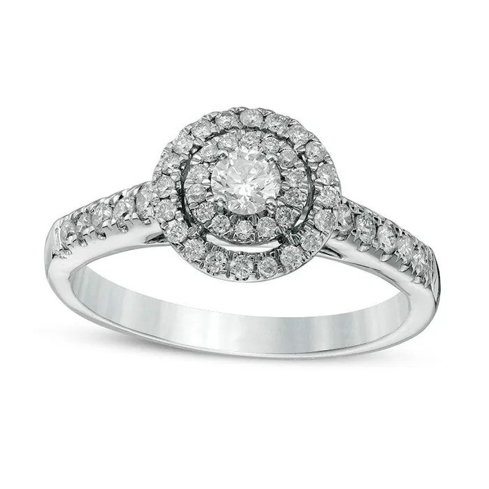 Previously Owned 050 CT TW Natural Diamond Double Frame Engagement Ring in Solid 14K White Gold Goldia Rings Previously Owned 050 CT TW Natural Diamond Double Frame Engagement Ring in Solid 14K White Gold Goldia Rings