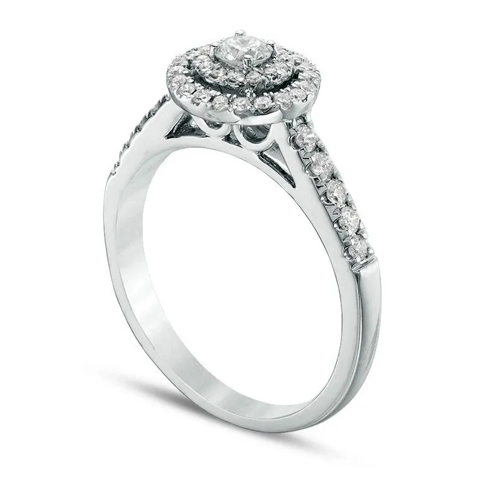 Previously Owned 050 CT TW Natural Diamond Double Frame Engagement Ring in Solid 14K White Gold Goldia Rings Previously Owned 050 CT TW Natural Diamond Double Frame Engagement Ring in Solid 14K White Gold Goldia Rings