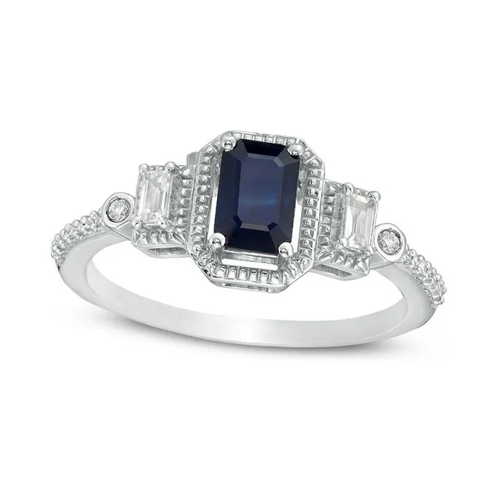 Rings Goldia EmeraldCut Blue and White Sapphire with 005 CT TW Natural Diamond Bead Frame Three Stone Art Deco Ring in Solid 10K White Gold Rings Goldia EmeraldCut Blue and White Sapphire with 005 CT TW Natural Diamond Bead Frame Three Stone Art Deco Ring in Solid 10K White Gold