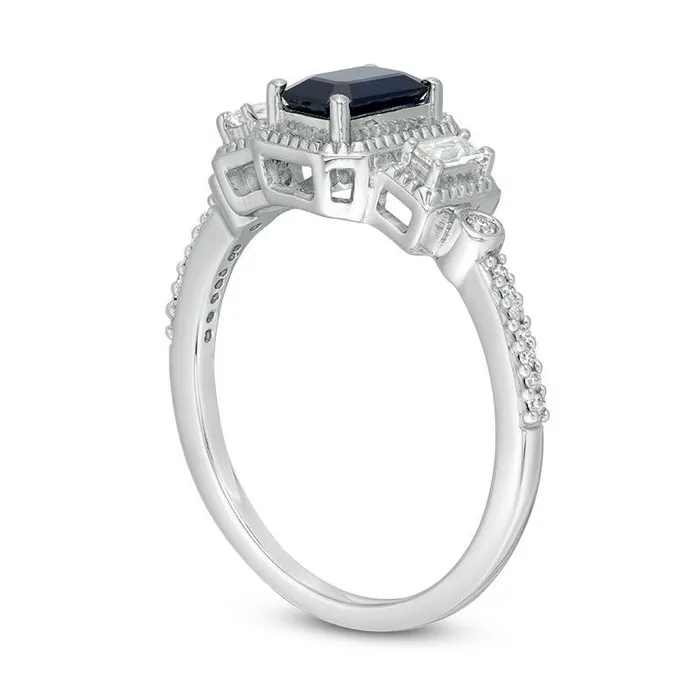 Rings Goldia EmeraldCut Blue and White Sapphire with 005 CT TW Natural Diamond Bead Frame Three Stone Art Deco Ring in Solid 10K White Gold Rings Goldia EmeraldCut Blue and White Sapphire with 005 CT TW Natural Diamond Bead Frame Three Stone Art Deco Ring in Solid 10K White Gold