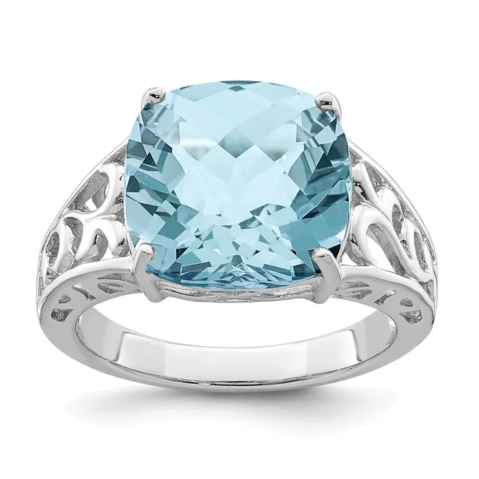 Sterling Silver Rhodium CheckerCut Sky Blue Topaz Ring Goldia Rings