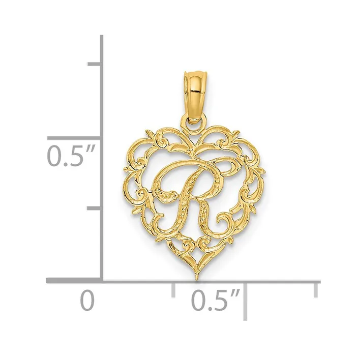 Charm Necklaces TreasureFineJewelers 14k Yellow Gold Heart Script Letter R Initial Charm