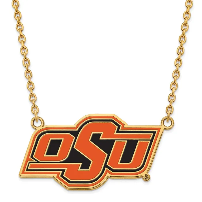 Sterling Silver Goldplated Oklahoma State University OSU Large Enameled Pendant 18 inch Necklace TreasureFineJewelers Necklaces Sterling Silver Goldplated Oklahoma State University OSU Large Enameled Pendant 18 inch Necklace TreasureFineJewelers Necklaces