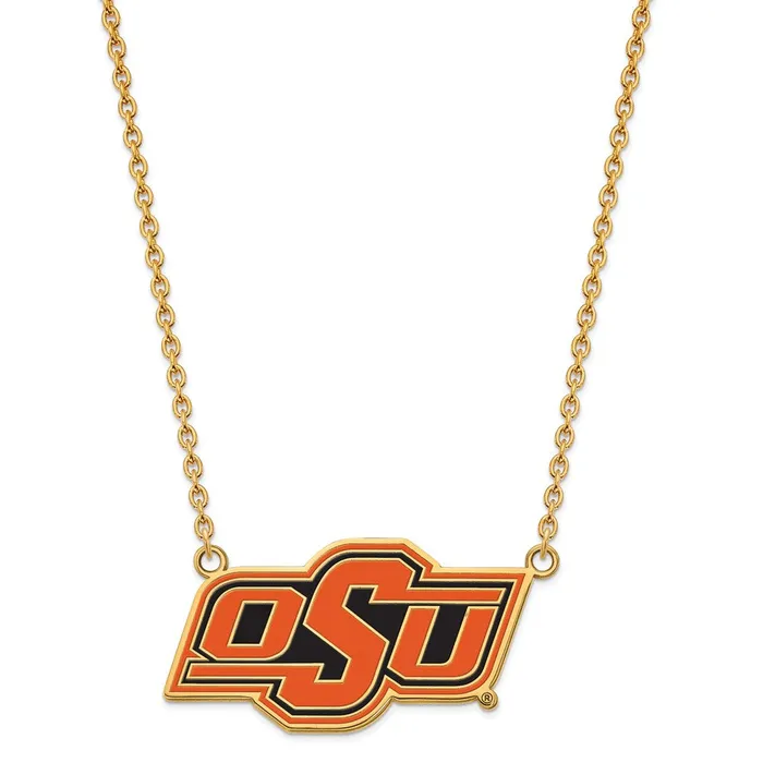 Sterling Silver Goldplated Oklahoma State University OSU Large Enameled Pendant 18 inch Necklace TreasureFineJewelers Necklaces