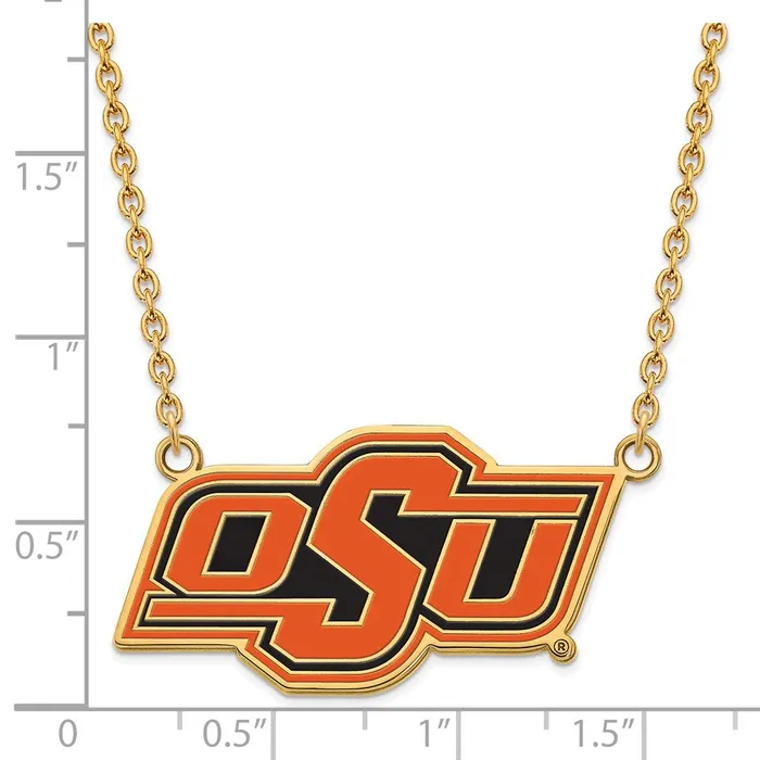 Sterling Silver Goldplated Oklahoma State University OSU Large Enameled Pendant 18 inch Necklace TreasureFineJewelers Necklaces