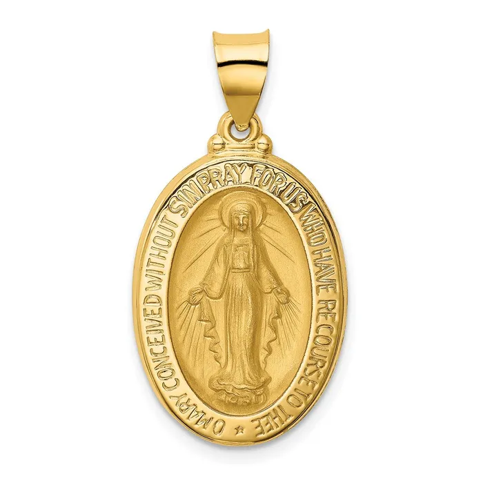 TreasureFineJewelers 14k Yellow Gold Polished and Satin Miraculous Medal Hollow Pendant Necklaces TreasureFineJewelers 14k Yellow Gold Polished and Satin Miraculous Medal Hollow Pendant Necklaces