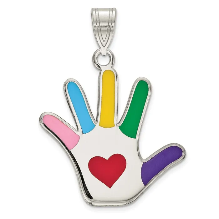 TreasureFineJewelers Necklaces Sterling Silver Rhodplate Enamel Autism wHeart Handprint Pendant TreasureFineJewelers Necklaces Sterling Silver Rhodplate Enamel Autism wHeart Handprint Pendant