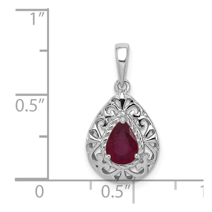 TreasureFineJewelers Necklaces Sterling Silver Rhodium Plated Ruby Teardrop Pendant