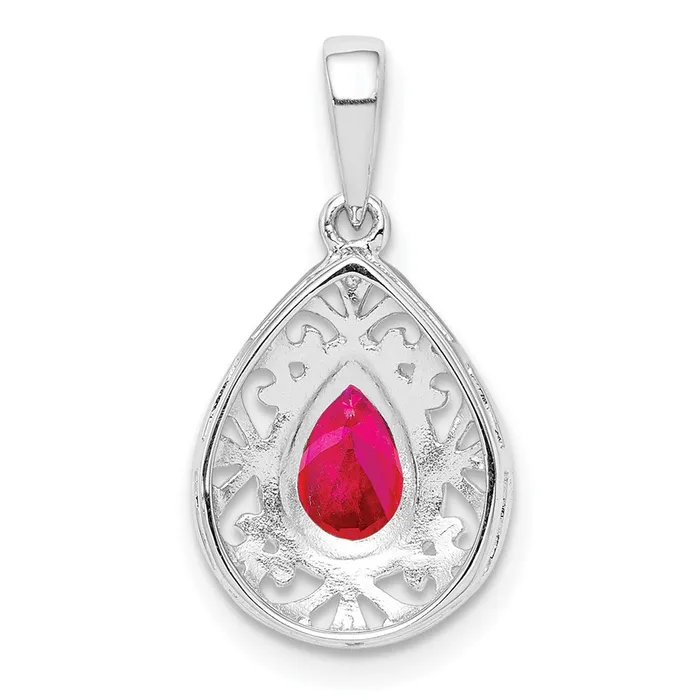 TreasureFineJewelers Necklaces Sterling Silver Rhodium Plated Ruby Teardrop Pendant
