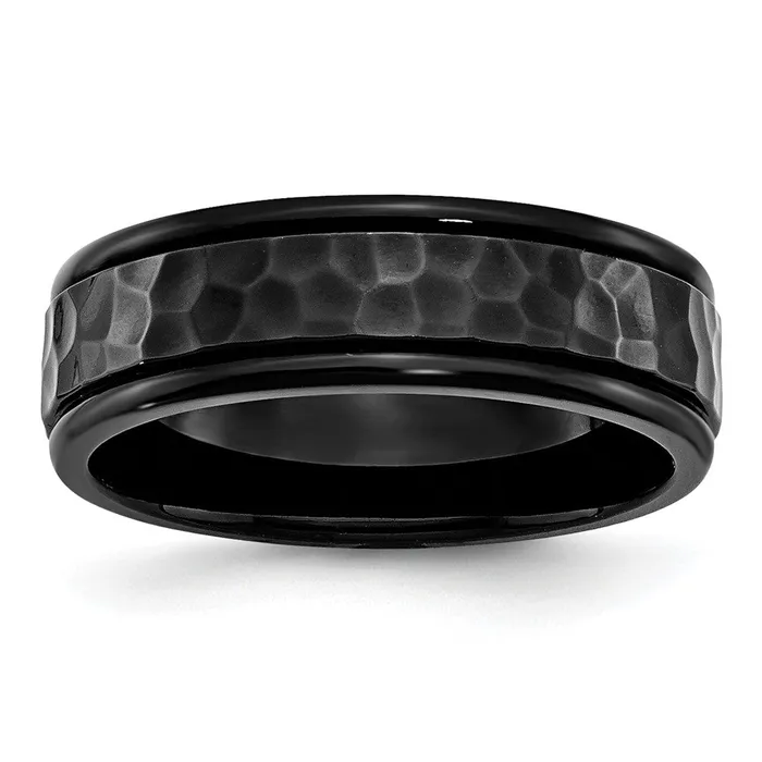 TreasureFineJewelers Rings Stainless Steel Polished and Hammered Black IPplated 7mm Band TreasureFineJewelers Rings Stainless Steel Polished and Hammered Black IPplated 7mm Band