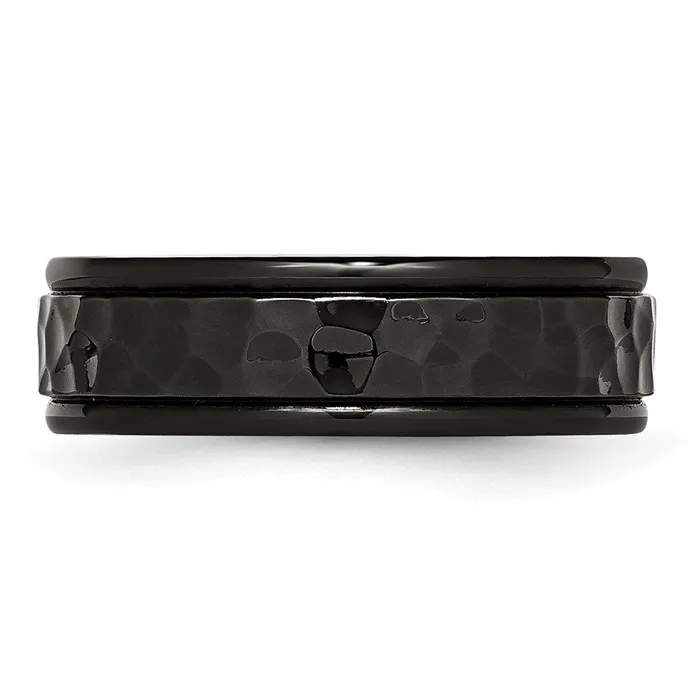 TreasureFineJewelers Rings Stainless Steel Polished and Hammered Black IPplated 7mm Band