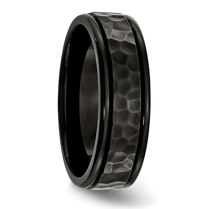 TreasureFineJewelers Rings Stainless Steel Polished and Hammered Black IPplated 7mm Band