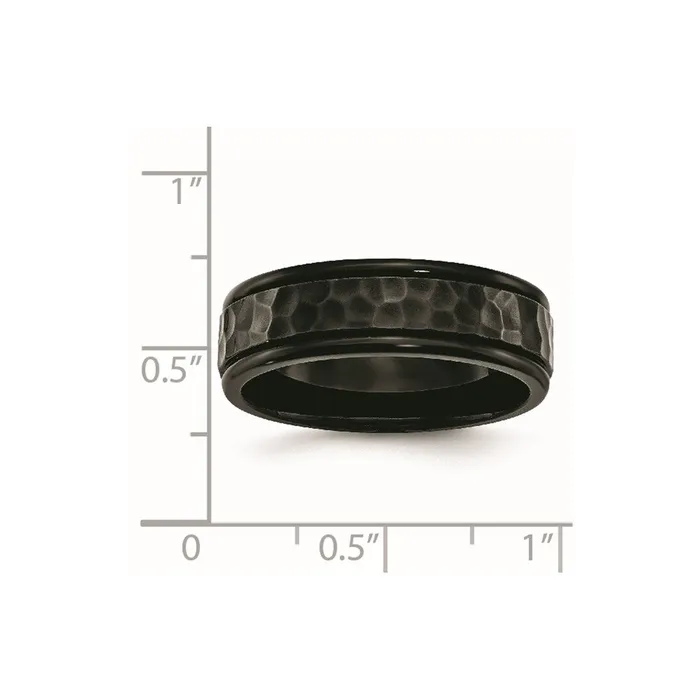 TreasureFineJewelers Rings Stainless Steel Polished and Hammered Black IPplated 7mm Band