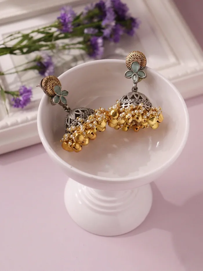 Aria Aqua Ghungroo and Pearls Jhumki Earrings Curio Cottage Earrings