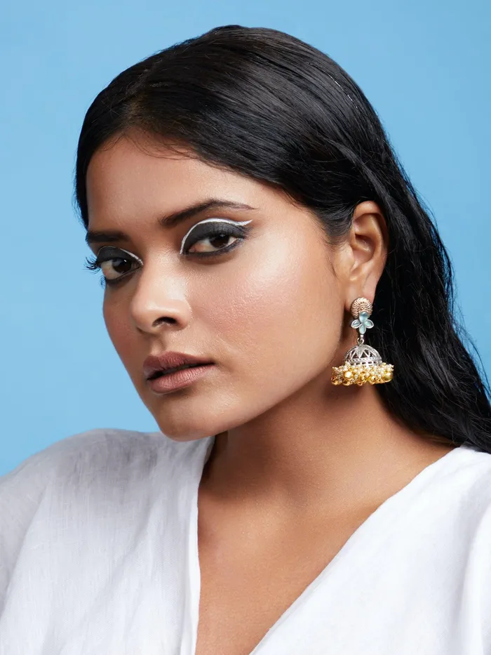 Aria Aqua Ghungroo and Pearls Jhumki Earrings Curio Cottage Earrings Aria Aqua Ghungroo and Pearls Jhumki Earrings Curio Cottage Earrings