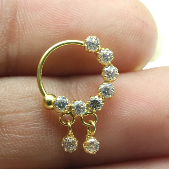 18K Pure Gold Left Nose ring Indian White CZ Women Nose Hoop Ring Karizma Jewels Rings