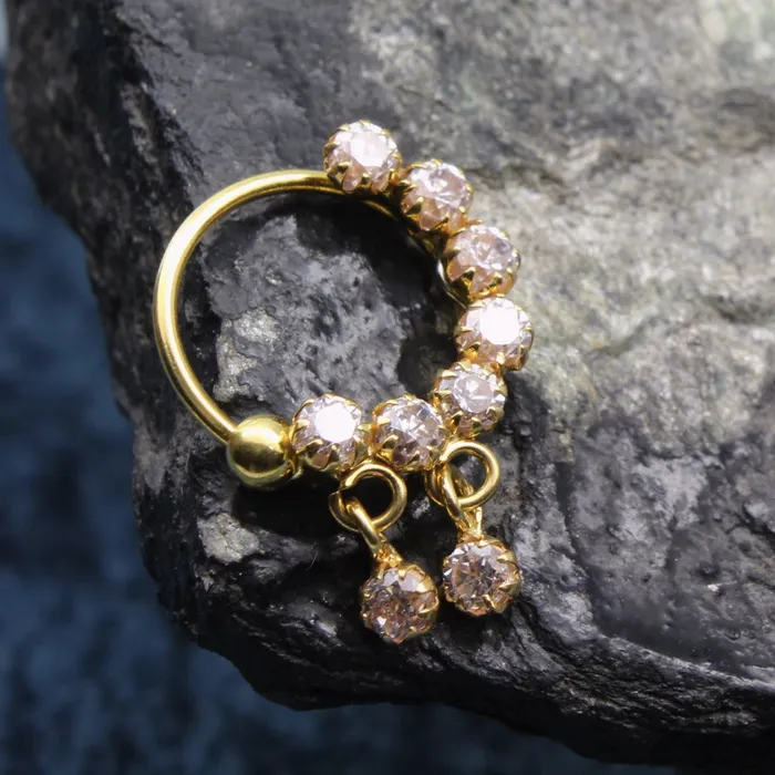 18K Pure Gold Left Nose ring Indian White CZ Women Nose Hoop Ring Karizma Jewels Rings