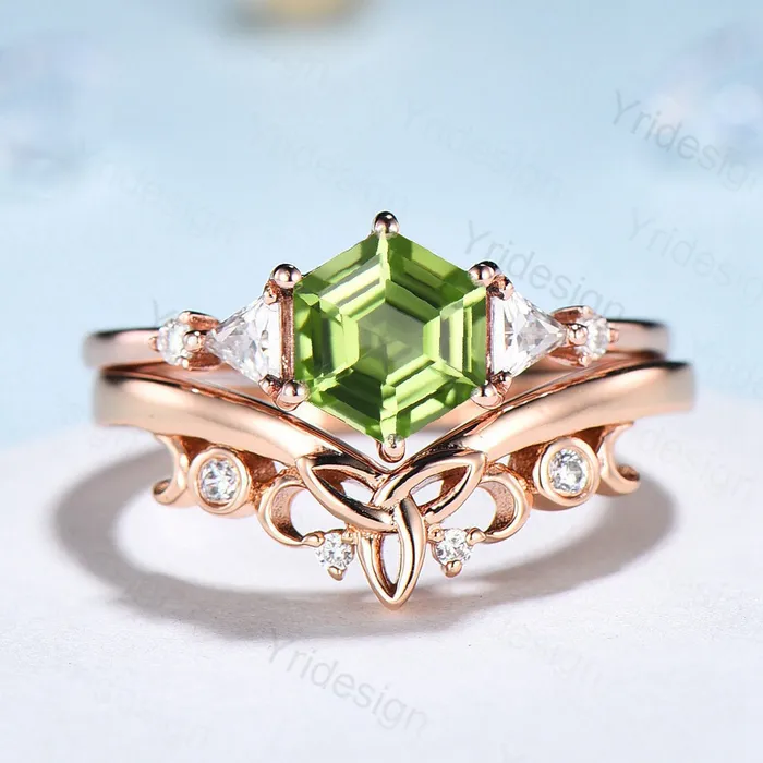 Hexagon Peridot ring vintage peridot engagement ring set rose gold unique cluster trillion moissanite engagement ring women promise ring PENFINE Rings Hexagon Peridot ring vintage peridot engagement ring set rose gold unique cluster trillion moissanite engagement ring women promise ring PENFINE Rings