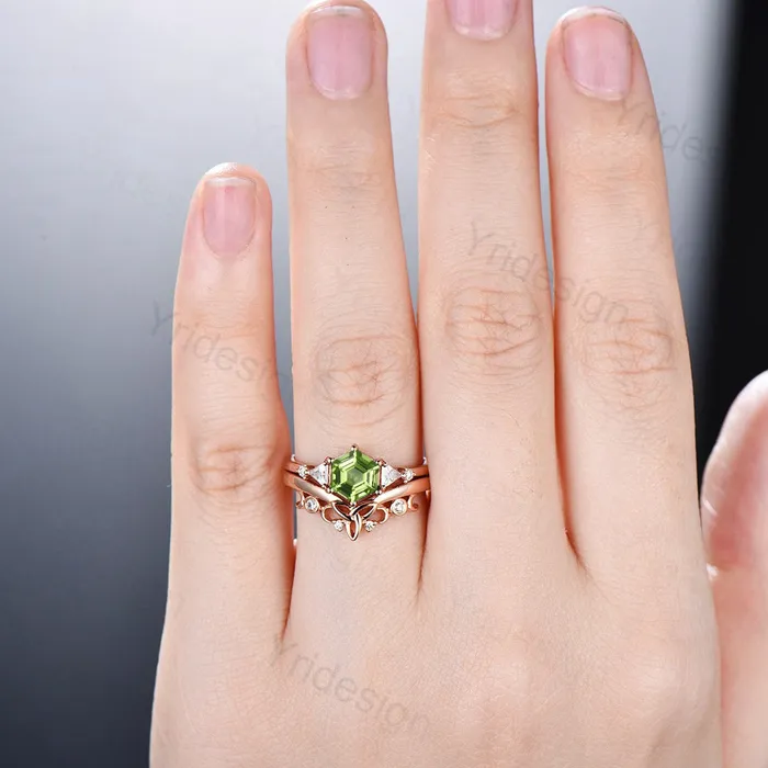 Hexagon Peridot ring vintage peridot engagement ring set rose gold unique cluster trillion moissanite engagement ring women promise ring PENFINE Rings Hexagon Peridot ring vintage peridot engagement ring set rose gold unique cluster trillion moissanite engagement ring women promise ring PENFINE Rings