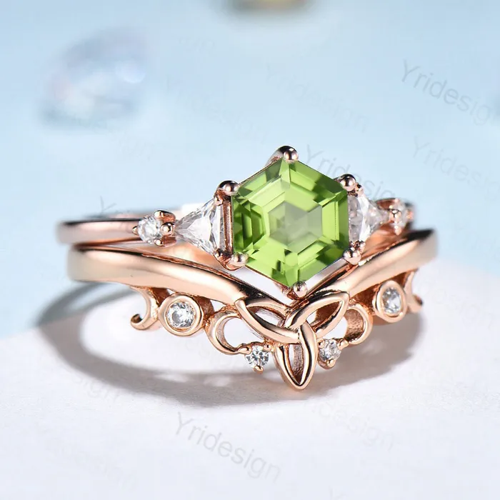 Hexagon Peridot ring vintage peridot engagement ring set rose gold unique cluster trillion moissanite engagement ring women promise ring PENFINE Rings Hexagon Peridot ring vintage peridot engagement ring set rose gold unique cluster trillion moissanite engagement ring women promise ring PENFINE Rings