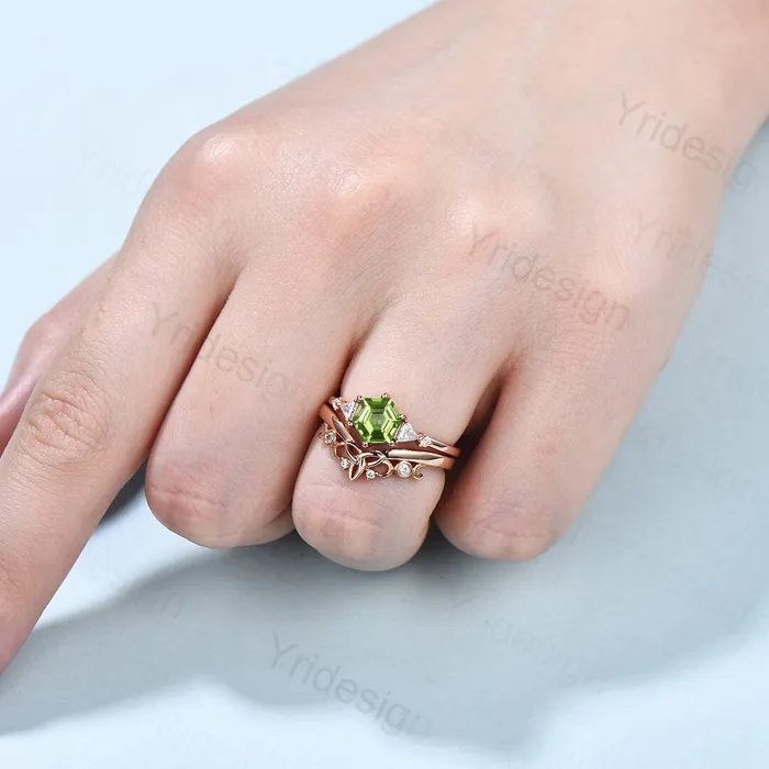 Hexagon Peridot ring vintage peridot engagement ring set rose gold unique cluster trillion moissanite engagement ring women promise ring PENFINE Rings Hexagon Peridot ring vintage peridot engagement ring set rose gold unique cluster trillion moissanite engagement ring women promise ring PENFINE Rings