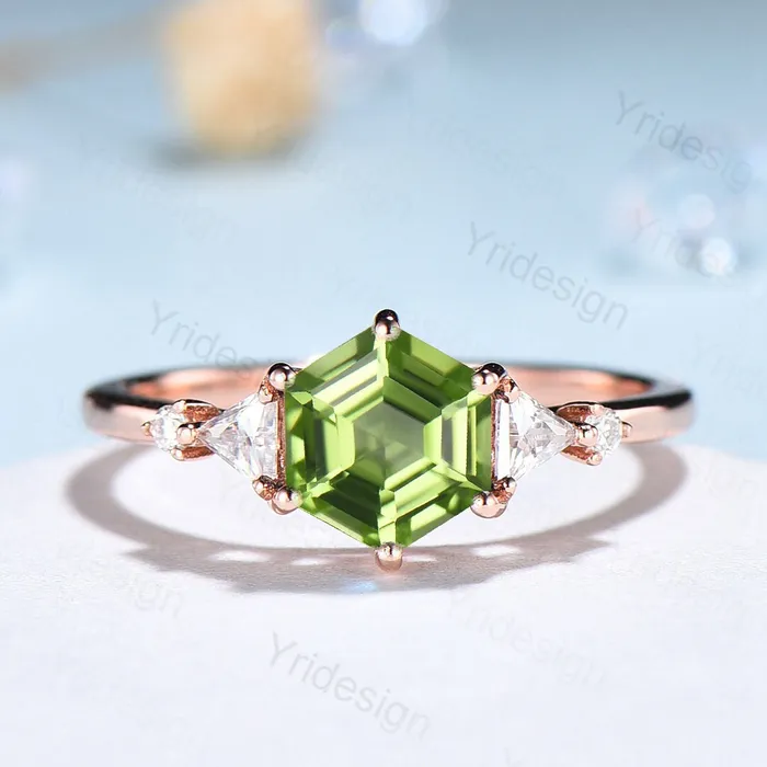 Hexagon Peridot ring vintage peridot engagement ring set rose gold unique cluster trillion moissanite engagement ring women promise ring PENFINE Rings Hexagon Peridot ring vintage peridot engagement ring set rose gold unique cluster trillion moissanite engagement ring women promise ring PENFINE Rings