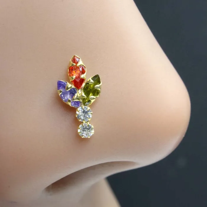 Karizma Jewels Earrings Vertical Real Sterling Silver Multi CZ Women Nose Stud Push Pin