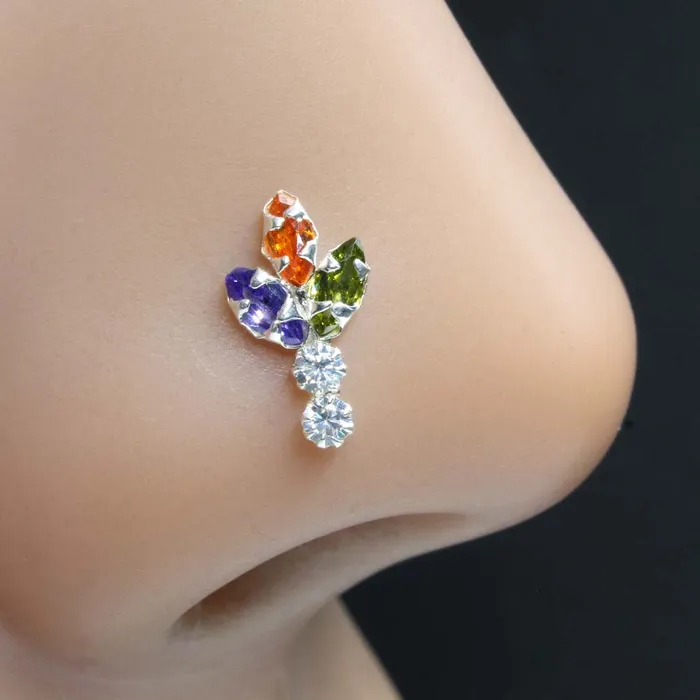 Karizma Jewels Earrings Vertical Real Sterling Silver Multi CZ Women Nose Stud Push Pin