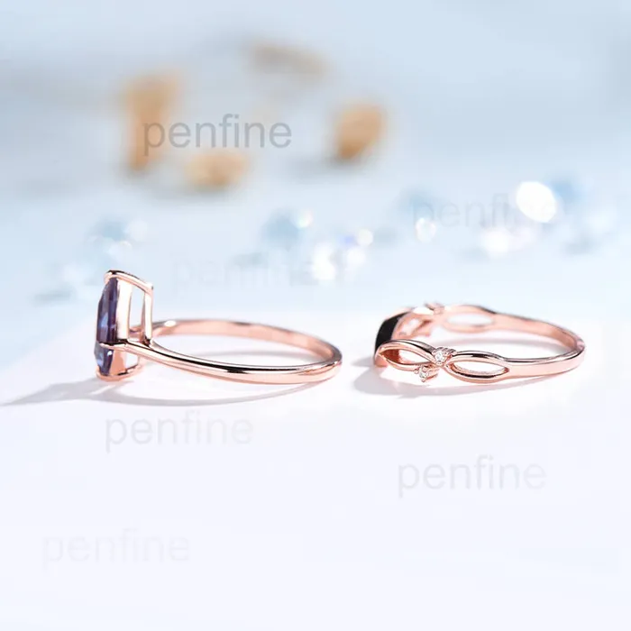 PENFINE Rings Unique Alexandrite Engagemnt Ring Set Solitaire Kite Cut Alexandrite Bridal Set