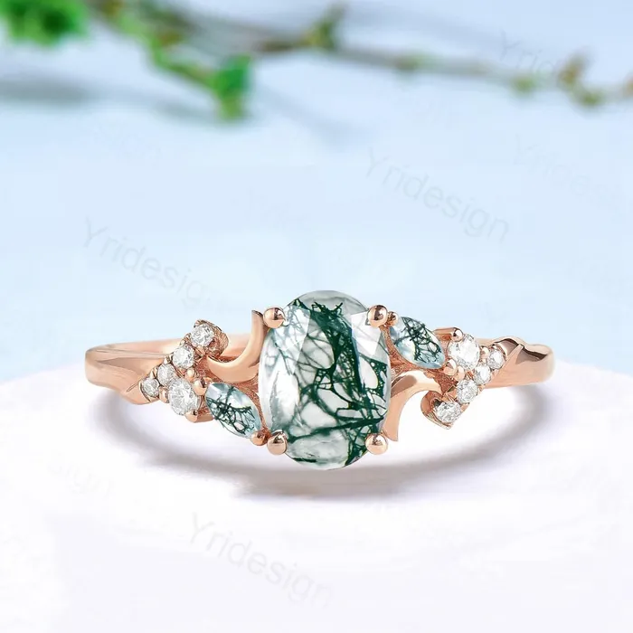 PENFINE Rings Unique oval cut moon ring natural green moss agate engagement ring cluster moissanite wedding ring perfect moon anniversary promise gift PENFINE Rings Unique oval cut moon ring natural green moss agate engagement ring cluster moissanite wedding ring perfect moon anniversary promise gift