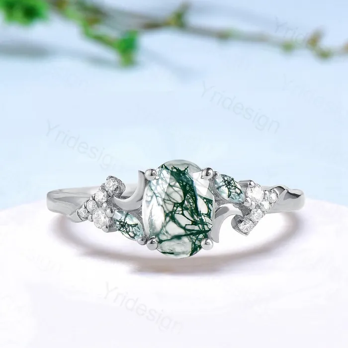 PENFINE Rings Unique oval cut moon ring natural green moss agate engagement ring cluster moissanite wedding ring perfect moon anniversary promise gift PENFINE Rings Unique oval cut moon ring natural green moss agate engagement ring cluster moissanite wedding ring perfect moon anniversary promise gift