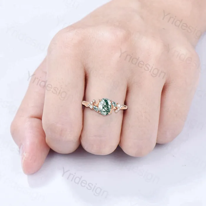 PENFINE Rings Unique oval cut moon ring natural green moss agate engagement ring cluster moissanite wedding ring perfect moon anniversary promise gift PENFINE Rings Unique oval cut moon ring natural green moss agate engagement ring cluster moissanite wedding ring perfect moon anniversary promise gift
