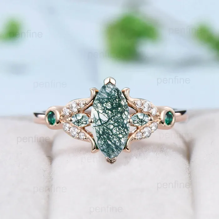 PENFINE Rings Vintage Marquise Cut Moss agate engagement ring split shank green agate ringsilver yellow gold emerald moissanite wedding ring for women PENFINE Rings Vintage Marquise Cut Moss agate engagement ring split shank green agate ringsilver yellow gold emerald moissanite wedding ring for women