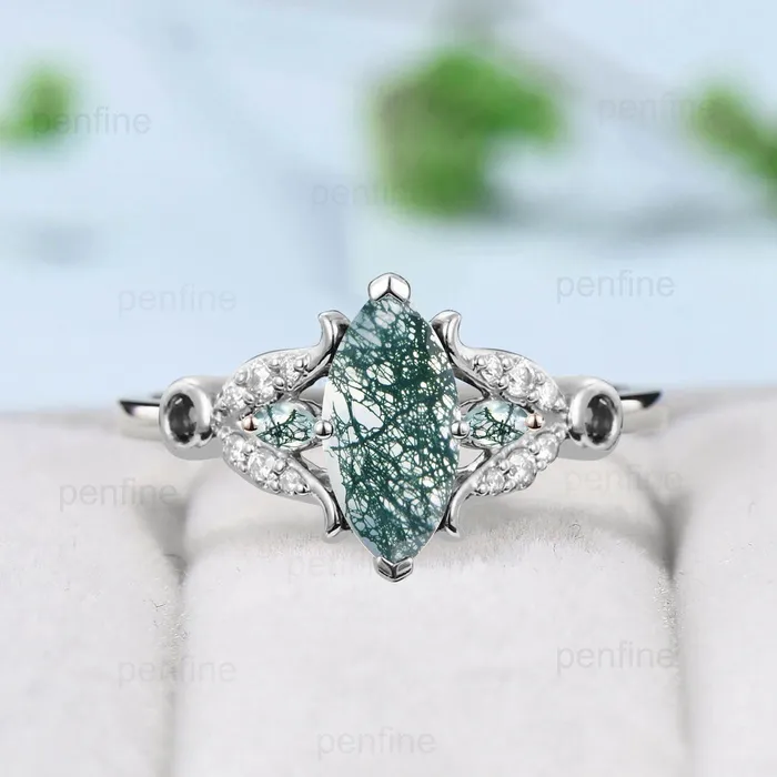PENFINE Rings Vintage Marquise Cut Moss agate engagement ring split shank green agate ringsilver yellow gold emerald moissanite wedding ring for women PENFINE Rings Vintage Marquise Cut Moss agate engagement ring split shank green agate ringsilver yellow gold emerald moissanite wedding ring for women