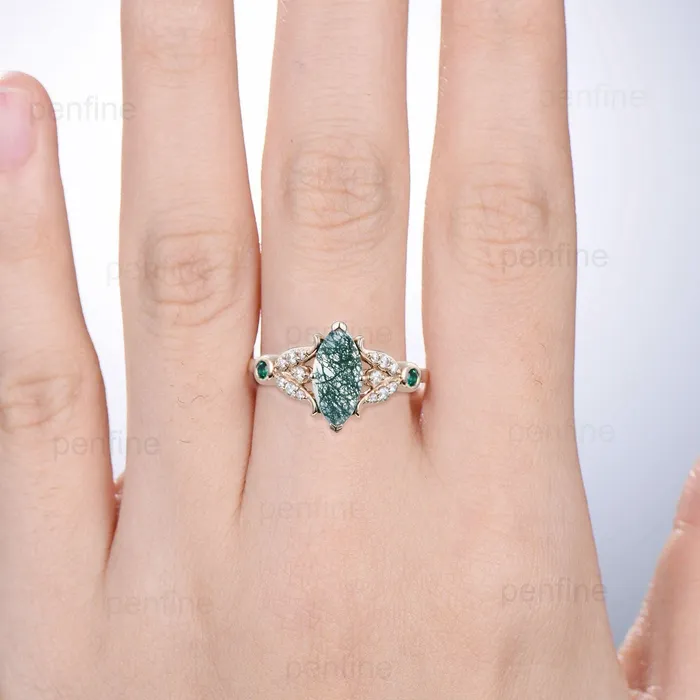 PENFINE Rings Vintage Marquise Cut Moss agate engagement ring split shank green agate ringsilver yellow gold emerald moissanite wedding ring for women PENFINE Rings Vintage Marquise Cut Moss agate engagement ring split shank green agate ringsilver yellow gold emerald moissanite wedding ring for women