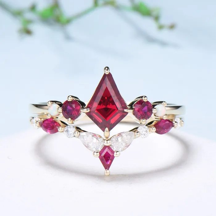 PENFINE Vintage Kite Ruby Engagement Ring Set 1ct Ruby Bridal Wedding ring Set Art Deco Anniversary Gift Unique July Birthstone Bride Ring For Women Rings PENFINE Vintage Kite Ruby Engagement Ring Set 1ct Ruby Bridal Wedding ring Set Art Deco Anniversary Gift Unique July Birthstone Bride Ring For Women Rings