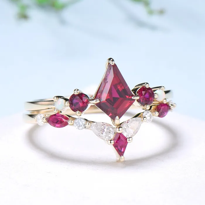 PENFINE Vintage Kite Ruby Engagement Ring Set 1ct Ruby Bridal Wedding ring Set Art Deco Anniversary Gift Unique July Birthstone Bride Ring For Women Rings PENFINE Vintage Kite Ruby Engagement Ring Set 1ct Ruby Bridal Wedding ring Set Art Deco Anniversary Gift Unique July Birthstone Bride Ring For Women Rings