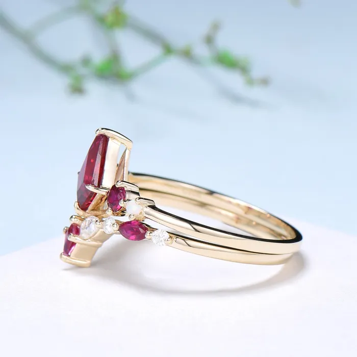 PENFINE Vintage Kite Ruby Engagement Ring Set 1ct Ruby Bridal Wedding ring Set Art Deco Anniversary Gift Unique July Birthstone Bride Ring For Women Rings PENFINE Vintage Kite Ruby Engagement Ring Set 1ct Ruby Bridal Wedding ring Set Art Deco Anniversary Gift Unique July Birthstone Bride Ring For Women Rings