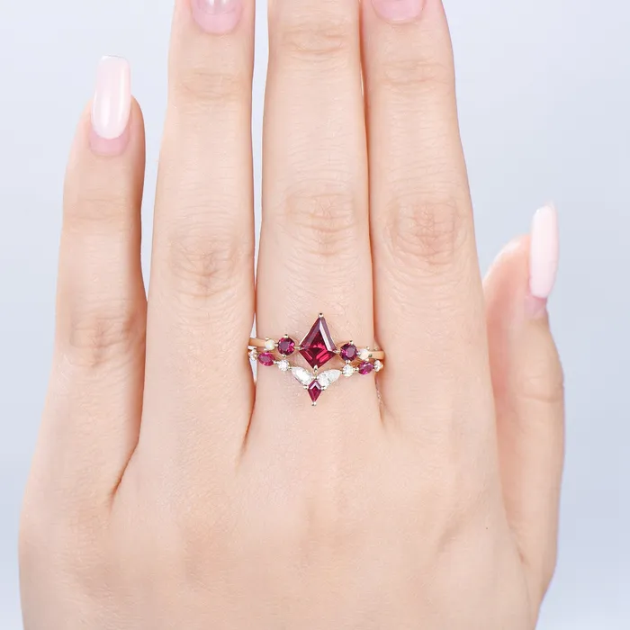 PENFINE Vintage Kite Ruby Engagement Ring Set 1ct Ruby Bridal Wedding ring Set Art Deco Anniversary Gift Unique July Birthstone Bride Ring For Women Rings PENFINE Vintage Kite Ruby Engagement Ring Set 1ct Ruby Bridal Wedding ring Set Art Deco Anniversary Gift Unique July Birthstone Bride Ring For Women Rings