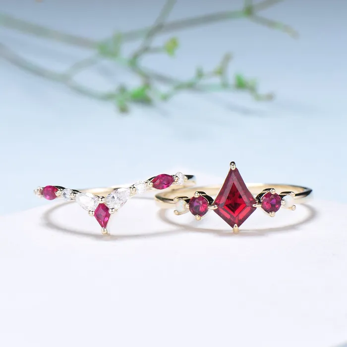 PENFINE Vintage Kite Ruby Engagement Ring Set 1ct Ruby Bridal Wedding ring Set Art Deco Anniversary Gift Unique July Birthstone Bride Ring For Women Rings PENFINE Vintage Kite Ruby Engagement Ring Set 1ct Ruby Bridal Wedding ring Set Art Deco Anniversary Gift Unique July Birthstone Bride Ring For Women Rings