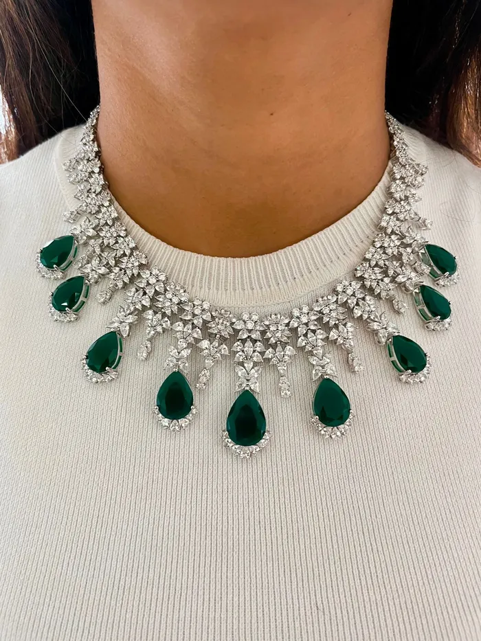 PRERTO ECOMMERCE PRIVATE LIMITED Necklaces 9 Emerald Drops Flower Diamond Necklace Set