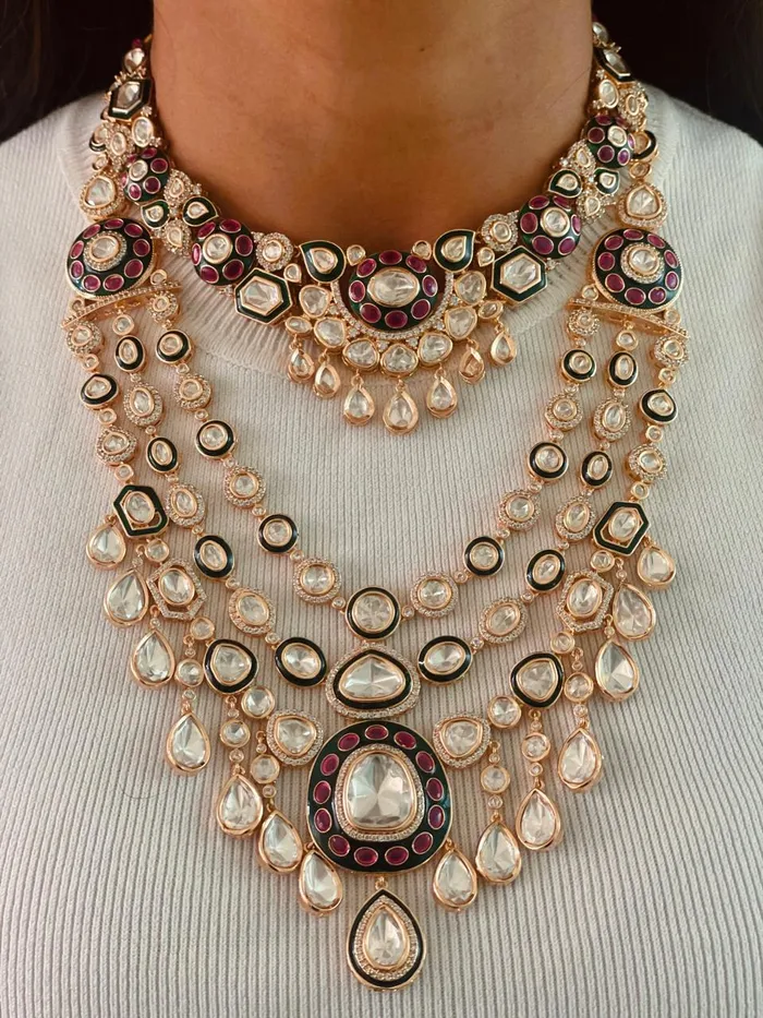 PRERTO ECOMMERCE PRIVATE LIMITED Necklaces Maharani Sikra Samatra Polki Kundan Emerald Ruby Detail Necklace Set 2Necklace 2Earrings 1Mang Tika PRERTO ECOMMERCE PRIVATE LIMITED Necklaces Maharani Sikra Samatra Polki Kundan Emerald Ruby Detail Necklace Set 2Necklace 2Earrings 1Mang Tika