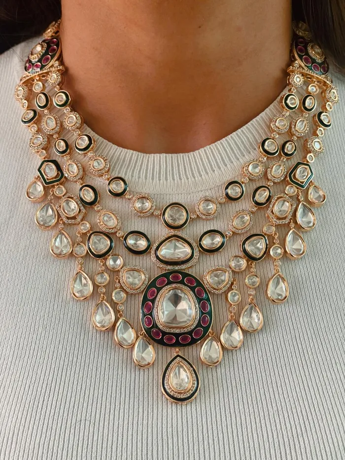 PRERTO ECOMMERCE PRIVATE LIMITED Necklaces Maharani Sikra Samatra Polki Kundan Emerald Ruby Detail Necklace Set 2Necklace 2Earrings 1Mang Tika